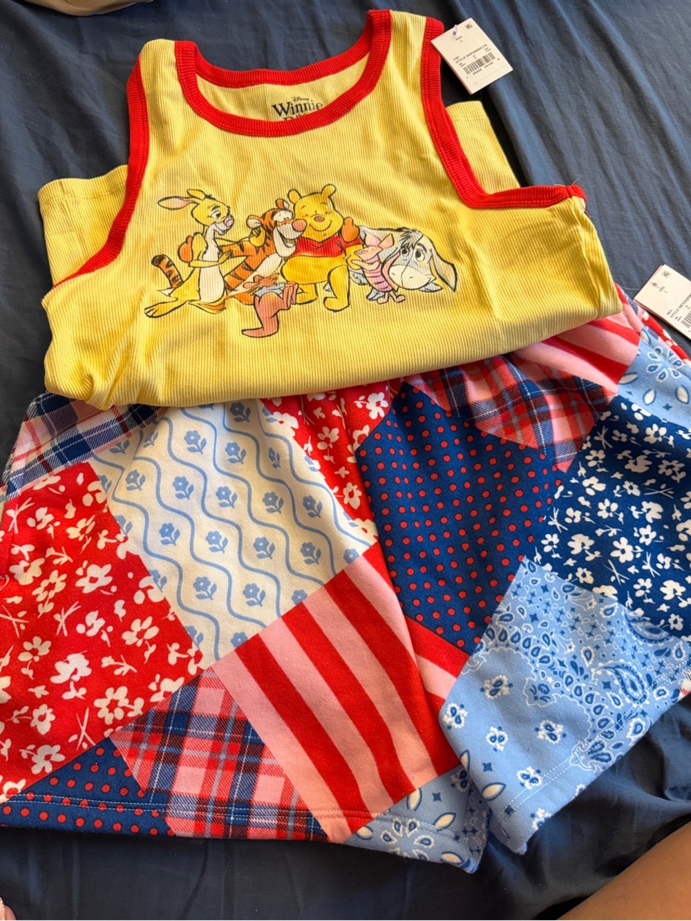 Winnie the Pooh Yellow Tank Top with Patchwork Red & Blue Shorts